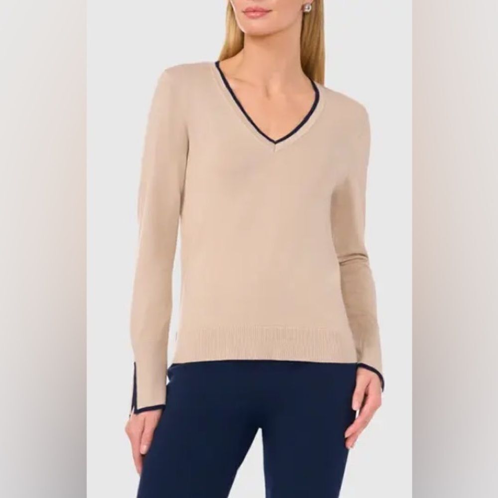 Halogen contrast Trim Sweater Tan Black V-neck Slit Sleeves